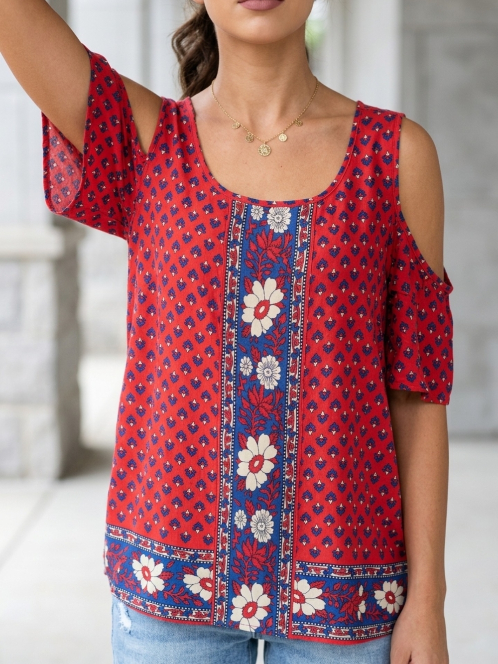 St. John's Bay Red Cold-Shoulder Floral Border Top